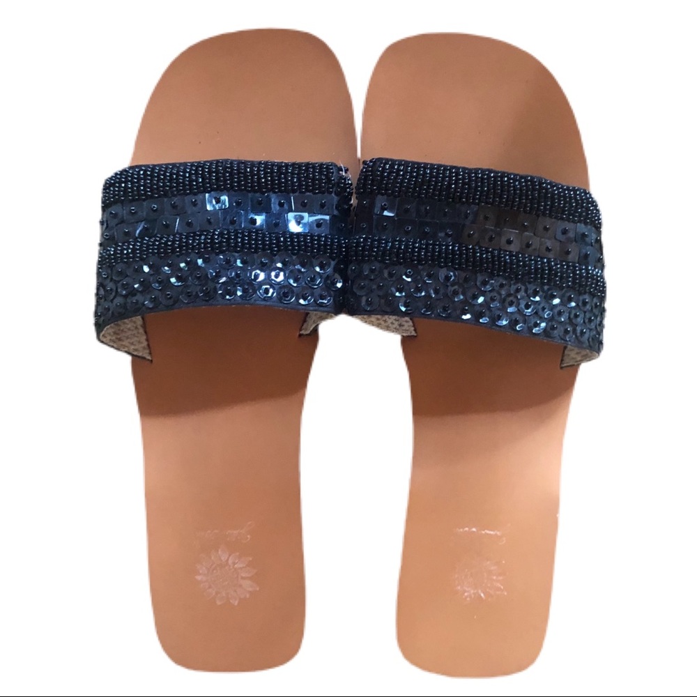 Yellow Box Black/Blue Sequin Slides